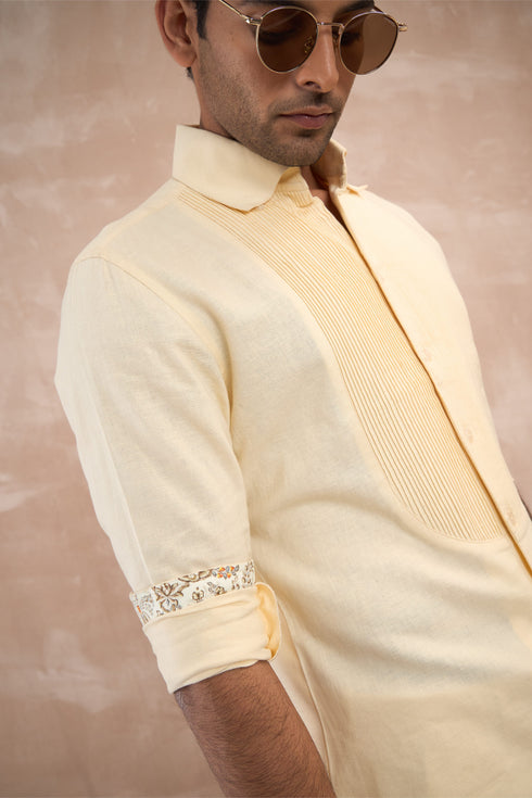 Linen Pletaed Yoke Shirt Set